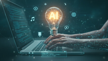 Innovative AI technology concept with glowing lightbulb on laptop