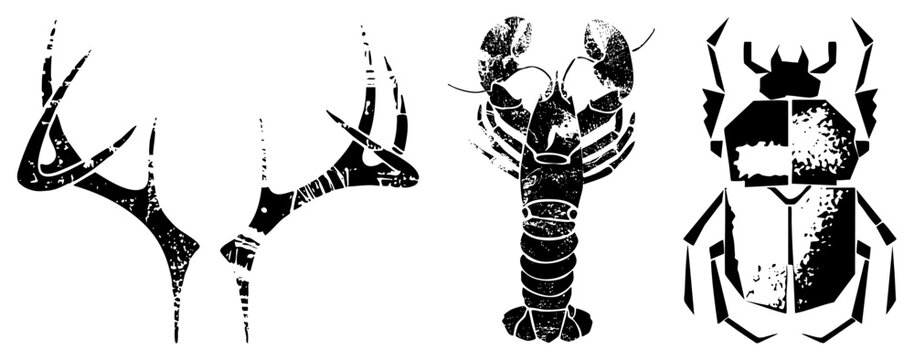 Stylized Black and White Animal Silhouettes Deer Antlers, Lobster, Beetle