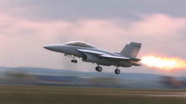 Military fighter jet taking off. Gray aircraft with flames. Blurred motion. Runway launch. Military aviation. Fighter plane. Jet engine. Sky background. Clouds. Sunset.