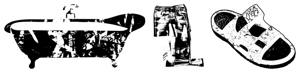 Naklejka premium Vintage Bathtub, Distressed Jeans, and Worn Sandal in Halftone Vector Style