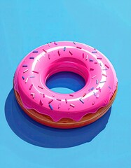 Pink sprinkle donut pool float against a blue background