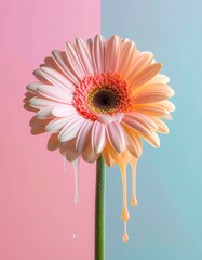 Melting daisy split pink/blue, dripping paint surreal