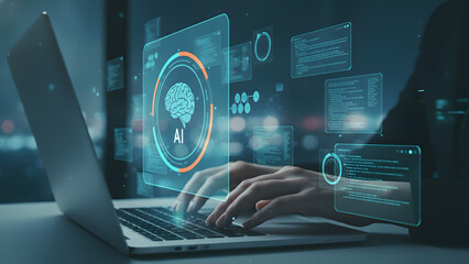 Person interacting with futuristic AI interface on laptop in dark room