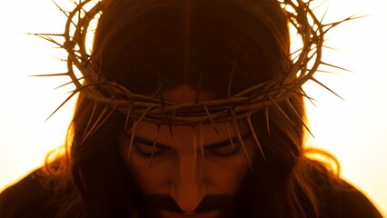 Man in crown of thorns against bright sunset. Jesus Christ concept for Easter, Good Friday, or religious worship.
