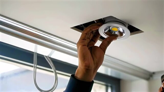 hands installing recessed led downlight into ceiling near window modern trim and housing careful wiring and replacement bulb retrofit upgrade by professional electrician natural daylight