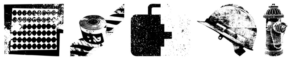 Obraz premium Vintage Typewriter, Tape Roll, Computer Chip, Hard Hat, Fire Hydrant Retro Industrial