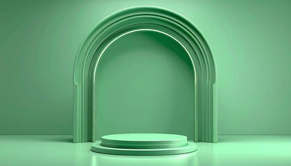 Minimalist green product display podium with arch backdrop for presentations.