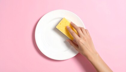 Hand cleaning a white plate with a yellow sponge.