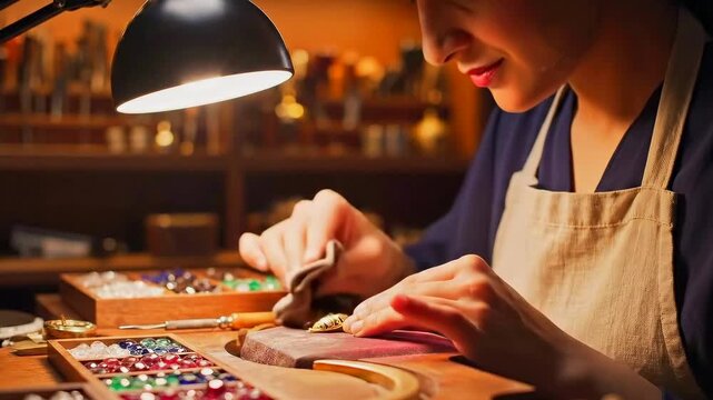 Artisan crafting beaded necklace under warm lamp, hands threading colorful beads on wooden workbench, tools and trays organized, delicate precision and focus, intimate studio glow creating