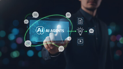 Businessman interacting with futuristic AI agents on smartphone screen