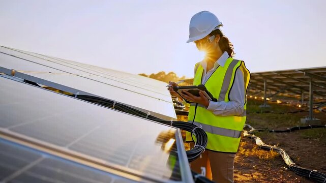 female engineer inspecting solar panels with tablet at solar farm, wearing hardhat and highvisibility vest, logging performance data, rows of photovoltaic arrays under golden light, clean