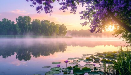 Serene sunrise over a misty lake, framed by blooming purple branches and green foliage
