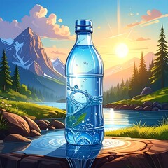 Bottle of water stands by a lake; mountains and sky backdrop with a bright sun creating a serene and refreshing scene