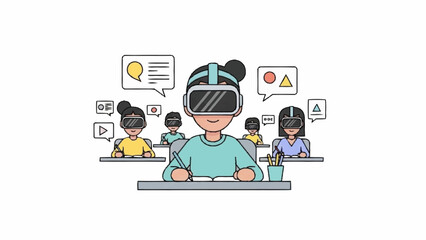 Cartoon students using virtual reality headsets for interactive learning and immersive educational experiences.