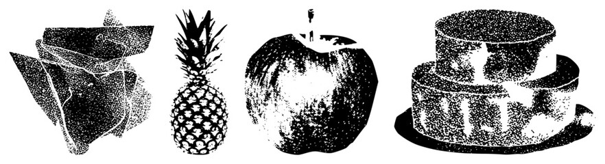 Obraz premium Halftone Rendered Fruit and Cake Set with Dot Texture