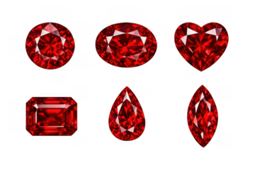 Red rubies representing luxury and wealth in various facet cuts including round, oval, heart, emerald, pear, marquise, transparent background