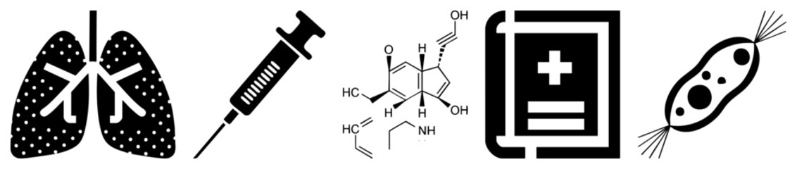 Obraz premium Medical Symbols Including Lungs, Syringe, Drug Molecule, First Aid Kit, and Bacteria