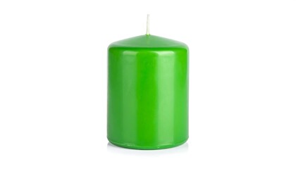 Cylindrical, vibrant green candle, lit wick on top, white background