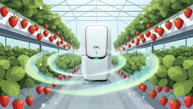 A sleek white DAC unit inside a modern strawberry greenhouse with glowing healthy strawberries and a soft swirling aurora-like CO2 mist