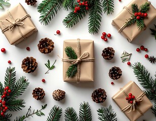 Christmas gifts with pine, berries, cones arranged on white