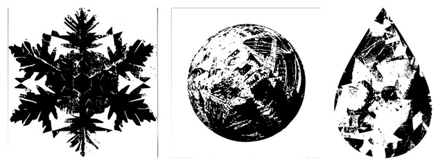 Obraz premium Abstract Geometric Snowflake, Sphere, and Water Droplet in Halftone Vector Design