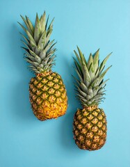 Two pineapples, overhead, against a cyan colored backdrop