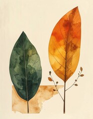 Leaf study green & autumnal hue leaf watercolor painting