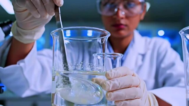 female scientist stirring beaker solution with lemon slices on magnetic stirrer, gloved hands and safety goggles, closeup of glassware, meticulous research and formulation testing