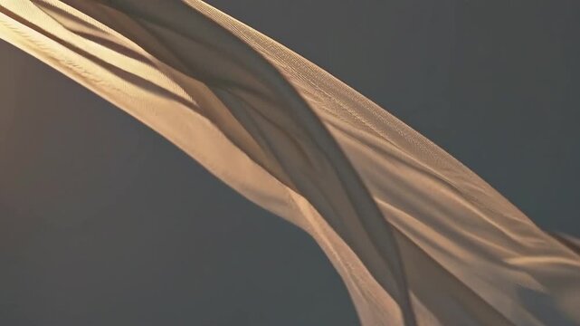 Cinematic sensory atmosphere, soft volumetric light passing through translucent fabric, floating dust particles, warm calm color palette, shallow depth of field, tactile visual feeling