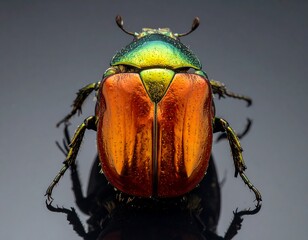 Iridescent beetle with orange, green and yellow exoskeleton against dark backdrop