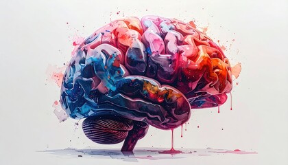 Colorful brain, painted, split red/blue, with watercolor drips