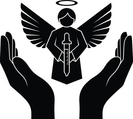 Stylized Angel Silhouette Holding Sword with Halo and Supporting Hands, Bold Contrast, One-Panel Divine Protection and Justice Vector Illustration