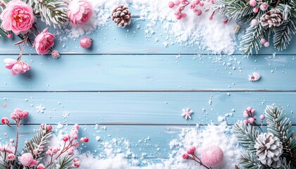 Winter wonderland scene with pink flowers, berries, pine, snow on blue wood