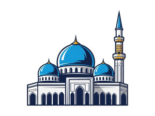 Fototapeta premium Illustrated mosque with blue domes and minaret isolated on transparent background