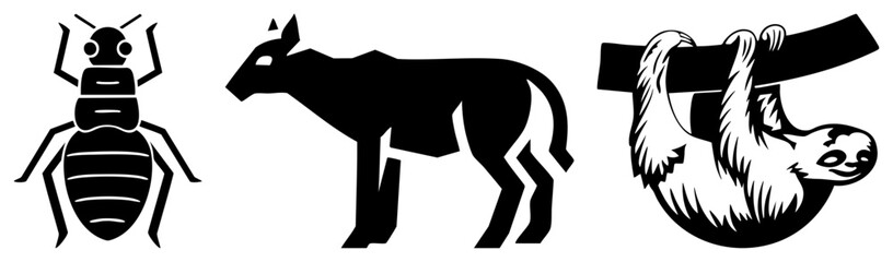 Three Animal Silhouettes Bee, Cow, and Sloth in Minimalist Vector Design