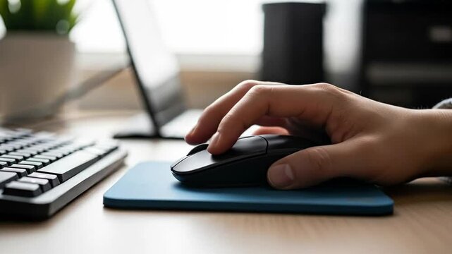 A close-up of a hand using a computer mouse on a desk.