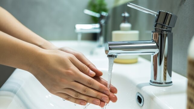 Hygiene Ritual: A close-up shot of a person washing their hands under a chrome faucet in a modern bathroom setting, representing essential hygiene practices. - Powered by Adobe