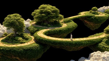Concept of Path Leading to Growth in Artificial Island Landscape, Featuring a Serene Figure Traversing a Winding Road Amidst Lush Greenery and Black Background