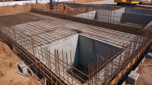 Construction site. Building foundation. Concrete base with rebar. Steel reinforcement. Ground preparation. Excavation. Building framework. Infrastructure development. Site preparation.