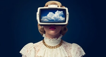 A woman wearing a vintage television screen as a virtual reality headset displaying clouds, dressed in a white lace top.