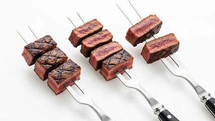 Grilled steak pieces on meat forks against white background, set