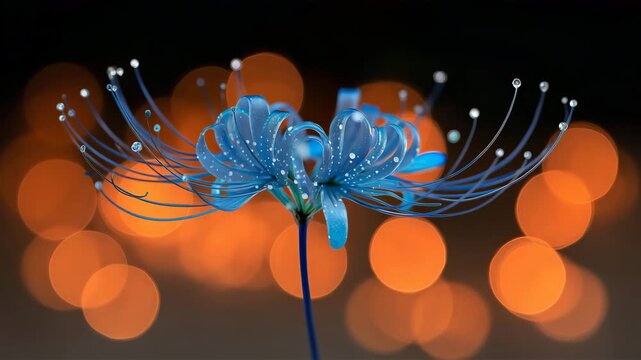 橙の灯り背景に青いガラス花を捉えた接写