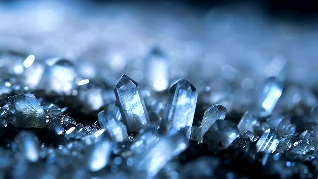Closeup blue quartz crystal cluster glistening under cool studio light, shallow depth of field with intense facet reflections, soft bokeh highlights, frosty texture on mineral bed, elegant