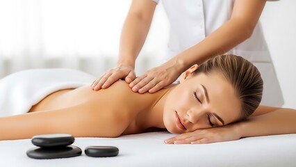 Serene spa scene with a woman receiving a massage on a white background