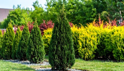 A picturesque garden bed features rows of conifer trees, with vibrant yellow and red shrubs in the background, under a sunny sky