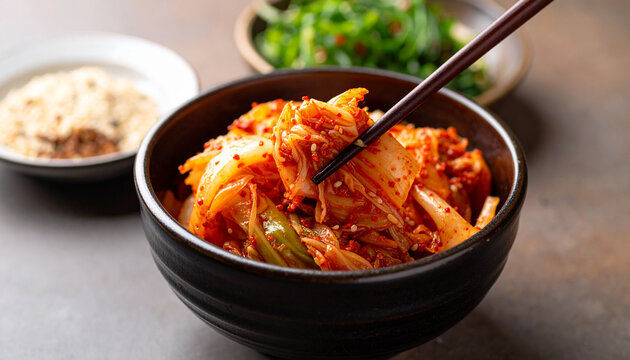 A bowl of fermented napa cabbage kimchi served with chopsticks, offering a perfect balance of spicy, sour, and savory flavors.