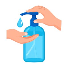 Illustration of a person using hand sanitizer from a blue bottle