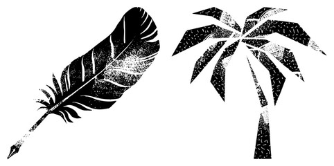 Vintage Feather Quill and Palm Tree Silhouettes with Halftone Texture