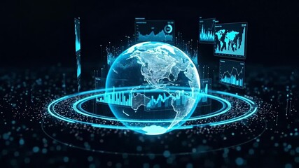 Futuristic digital globe with analytics displays and data visualizations. - Powered by Adobe