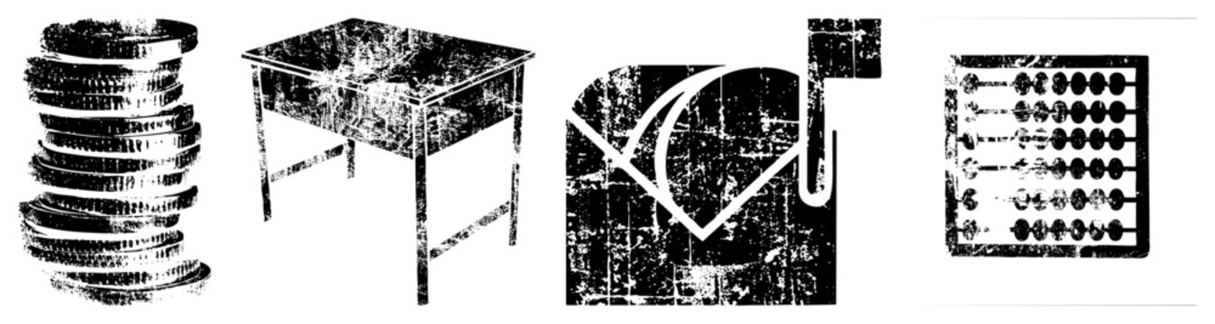 Stack of Coins, Desk, Checkmark, Abacus Grunge Vector
